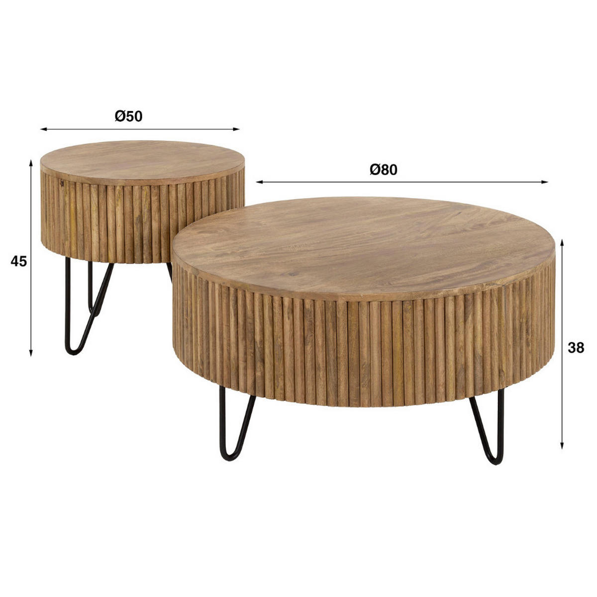 COUCHTISCH Set ELIO TAMBURO Runde Satztische aus Mangoholz im Lamellen-Design - Sandfarben, Holz (80/80/38cm) - alesvelt