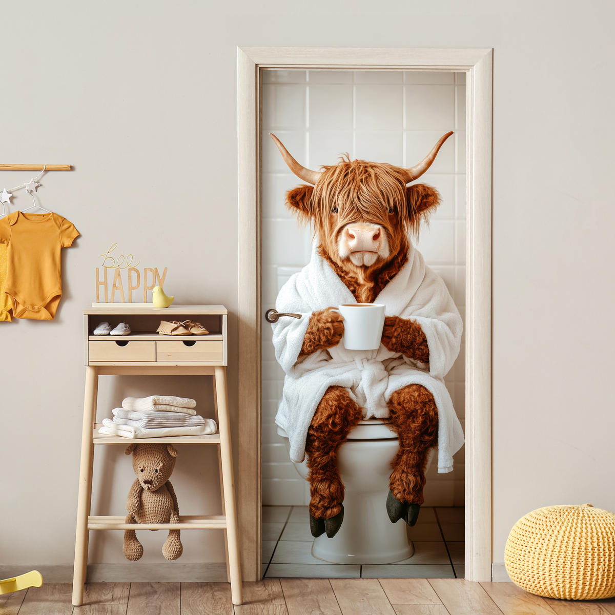 FOTOTAPETE Tür - Schottisches Hochlandrind - WC - Bademantel - Modern - Tiere 90x205 cm - Kastanienfarben, Kunststoff (90/0.1cm) - MuchoWow