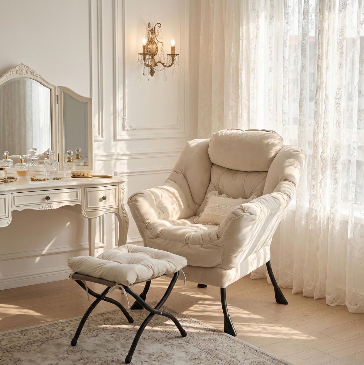 SESSEL mit Hocker in Beige mit Seitentasche und gepolsterten Armlehnen,72/80/93 cm - Beige, Metall (72/93/80cm) - BEAOK