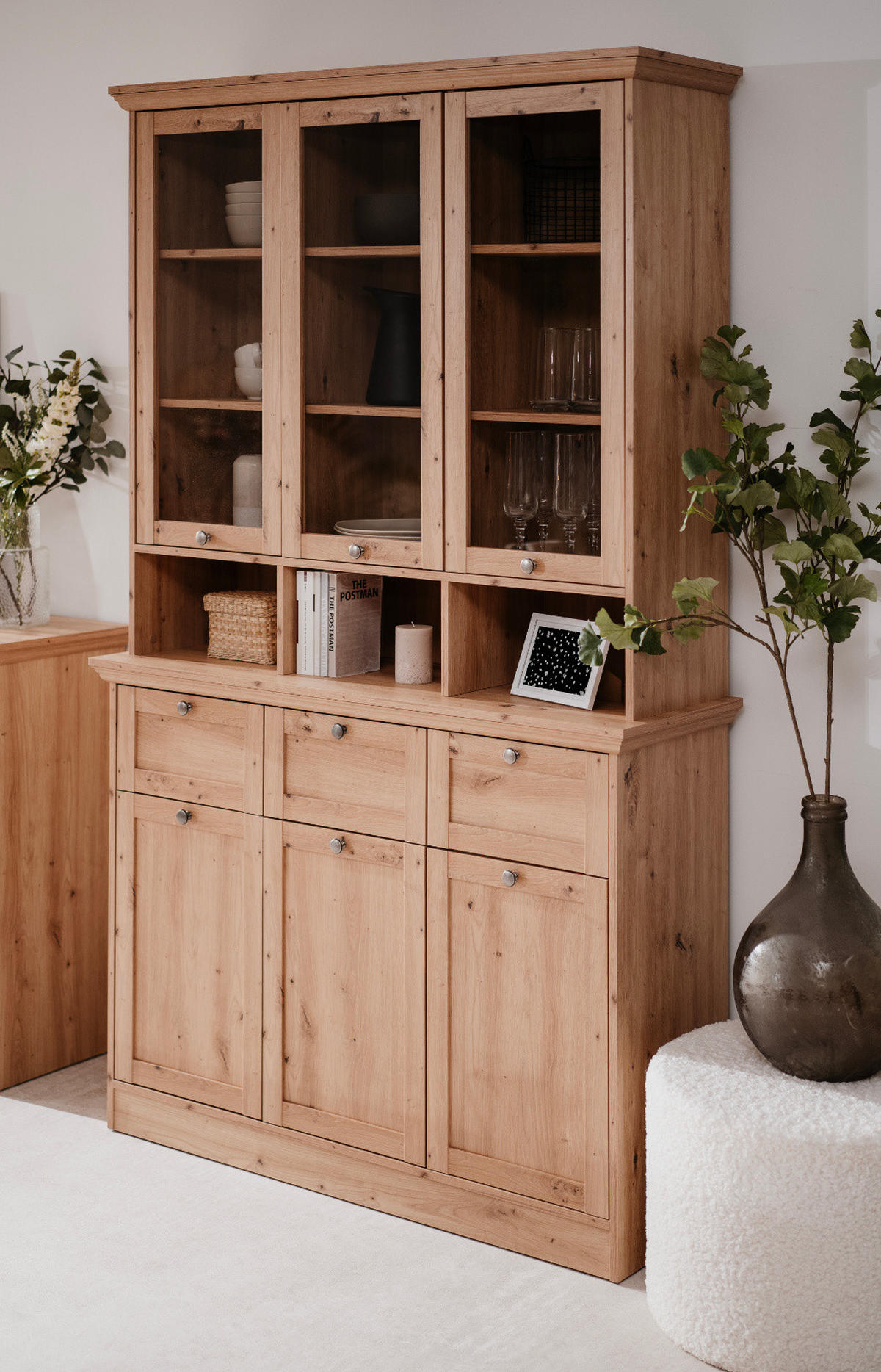 BUFFETSCHRANK Eiche Artisan 120 cm, Vitrine Landhaus - Eichefarben/Silberfarben, Glas/Holzwerkstoff (120/200/40cm) - Furn.Design