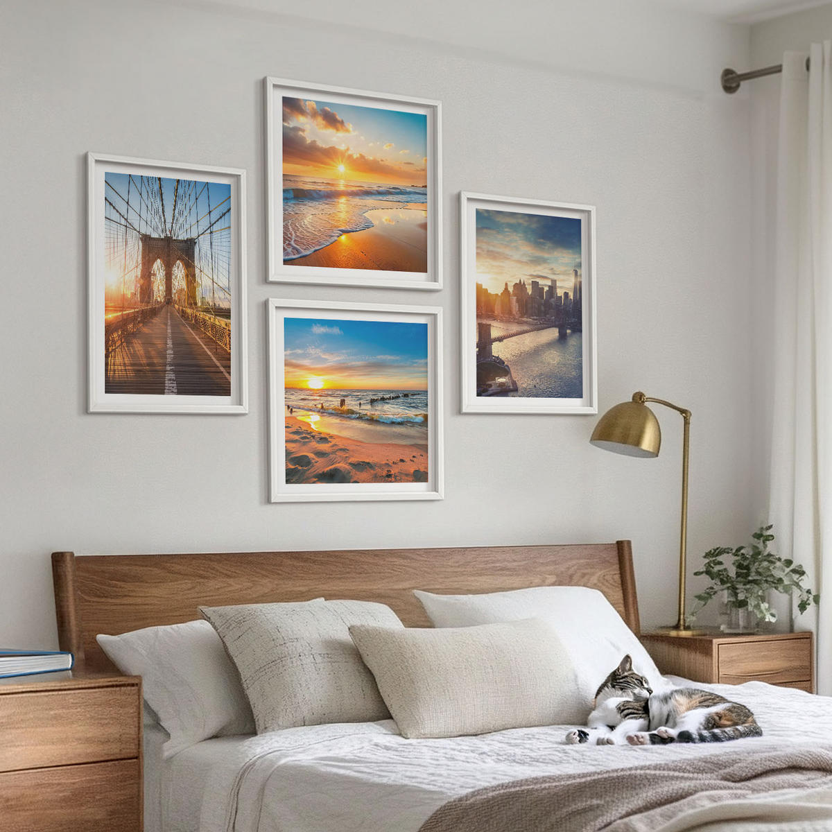 BILDER SET 4er Set - 50x50 cm & 40x60 cm Weißer Rahmen - Brücken, Sonnenuntergänge, Stadt - Weiß, Kunststoff (50/50cm) - TULUP