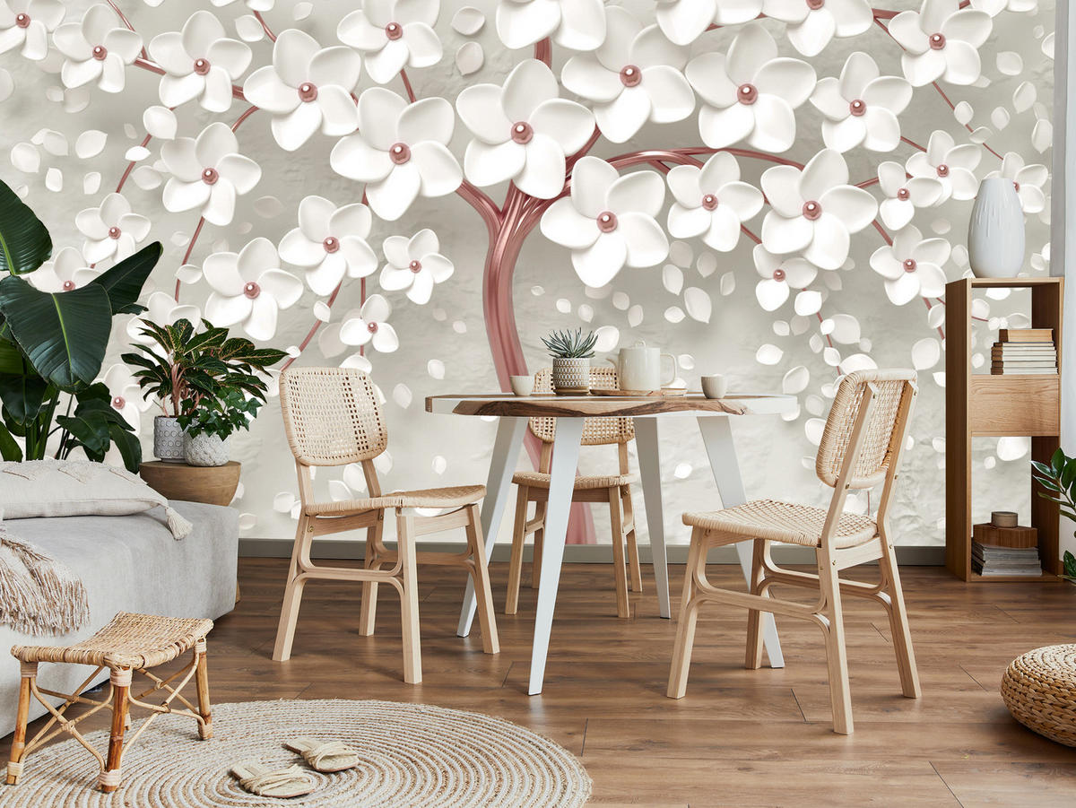 FOTOTAPETE für Schlafzimmer Perlmutt Blumen Abstract Baum 250x175 - Beige/Rosa, Papier (250/175cm) - Muralo