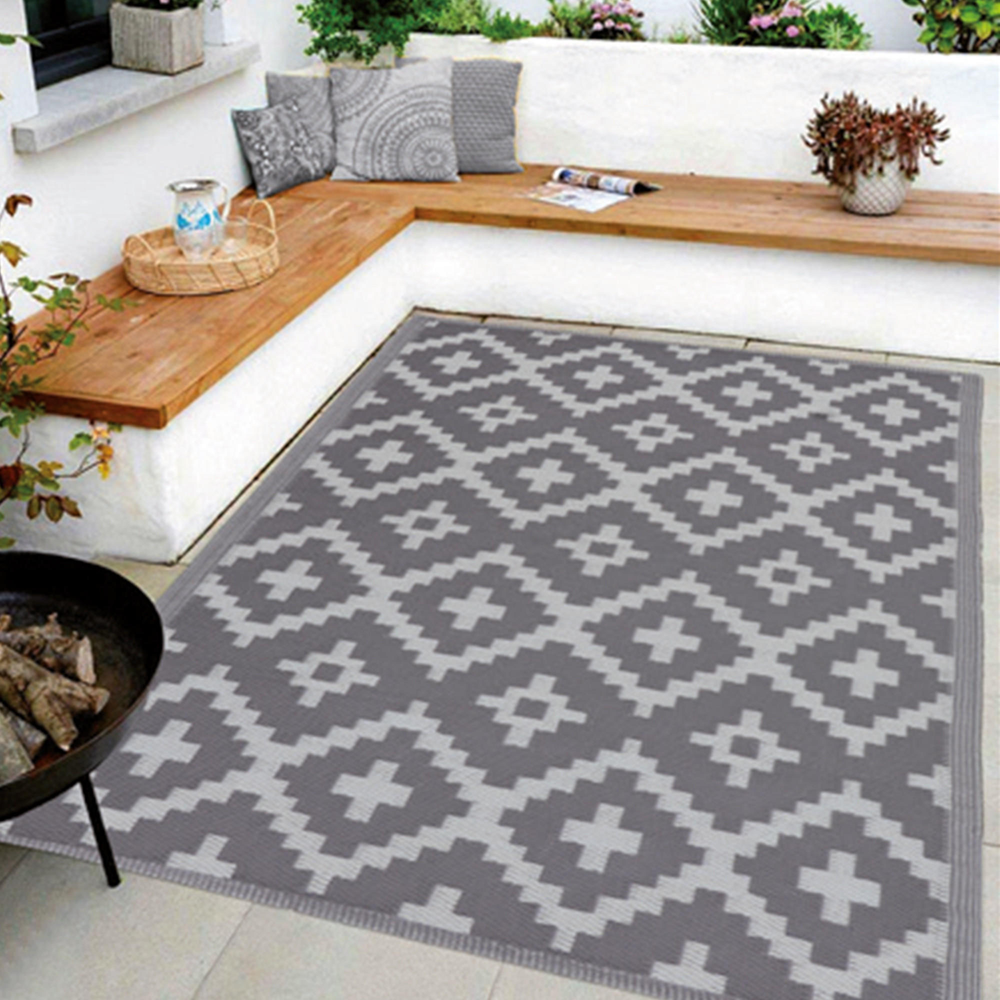 OUTDOORTEPPICH Teppich Wetterfest und UV-Beständig ( 120x180cm / Ethno ) für Garten, Balkon, Terrasse - Hellgrau/Grau, Kunststoff (120/180cm) - Bestlivings