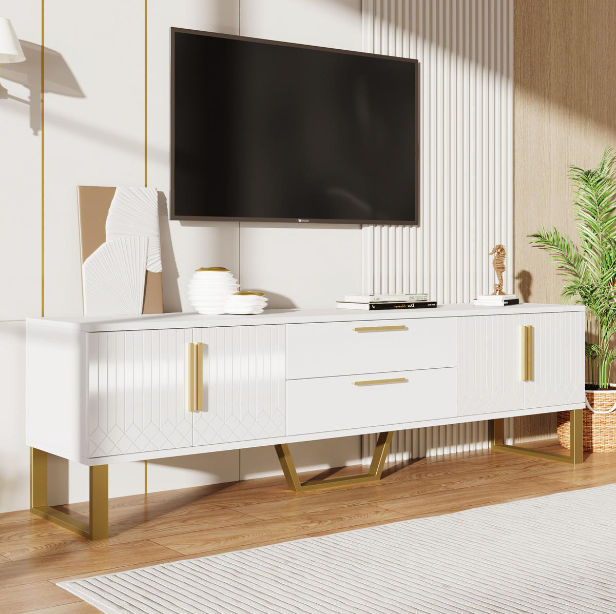 TV-SCHRANK in Hochglanz Weiß mit goldfarbenen Füßen und Griffen 170/40/53.5 cm - Weiß, Holzwerkstoff (170/53/40cm) - Redom