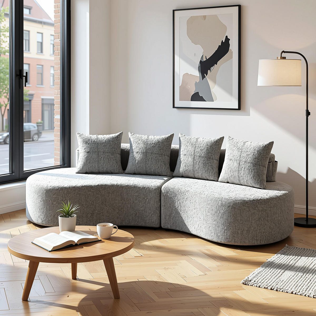 3-SITZER SOFA leinenstoff farbwahl mit getränkehalter & seitentaschen - Hellgrau, Textil (240/63/109cm) - Urban Meuble