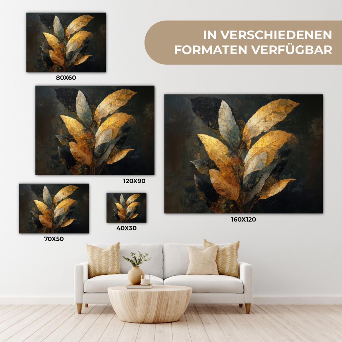 LEINWANDBILD Golden Leaf Komposition - Botanical Luxury Wandbilder 80x60 cm - Goldfarben/Schwarz, Textil (80/60cm) - MuchoWow