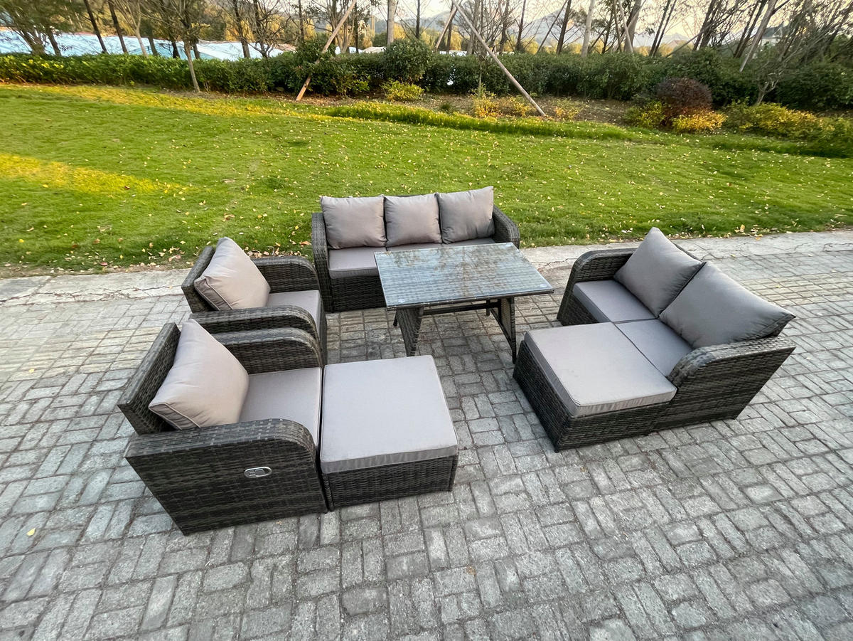 GARTENMÖBELSET mit ESSTISCH,SOFA Polyrattan 9-Sitzer - Dunkelgrau/Grau, Glas/Kunststoff - Fimous