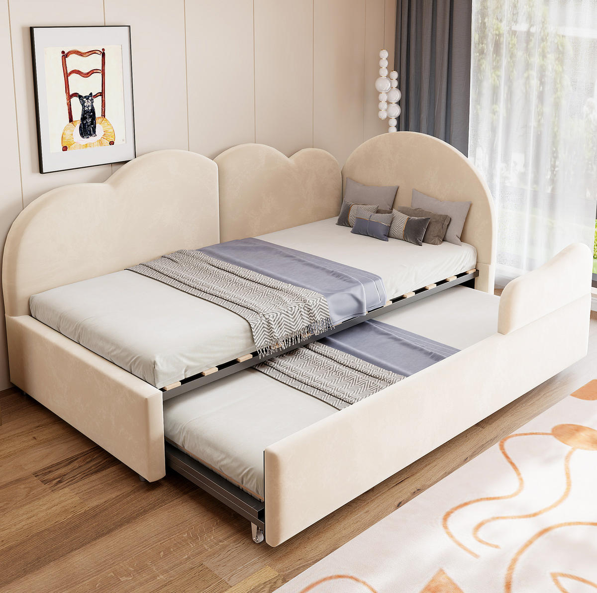 POLSTERBETT 90/200 cm aus Samt mit Wolken-Kopfteil, Beige - Beige, Textil (90/200cm) - OKMYHOME
