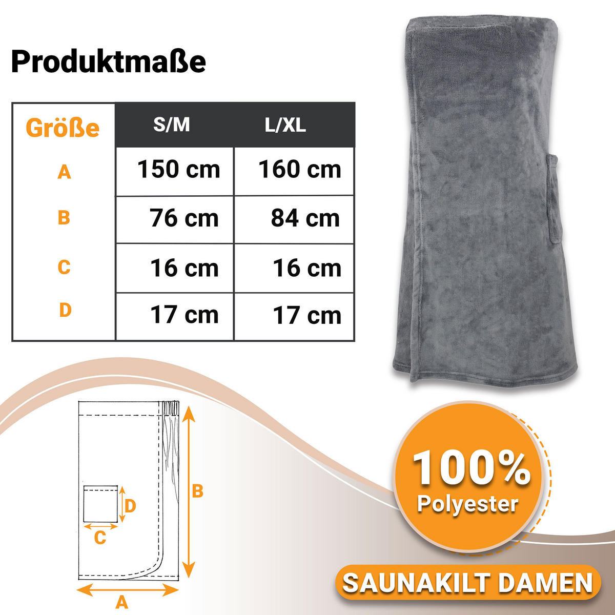 BADEMANTEL, S/M, 100% Polyester, Grau - Graphitfarben, Textil (S/Mcm) - Zollner