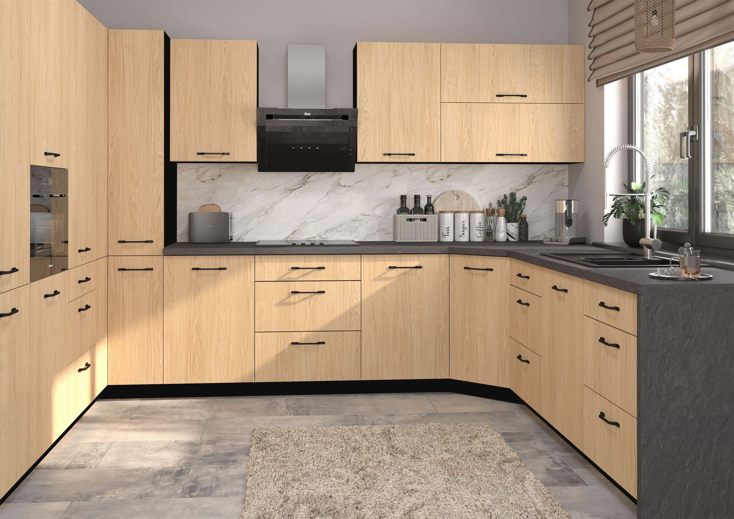 KÜCHENZEILE Casella 15-teilig Schwarz / Casella Eiche Natur hell - Hellbraun/Schwarz, Holzwerkstoff/Metall (360/207/270cm) - Feldmann-Wohnen