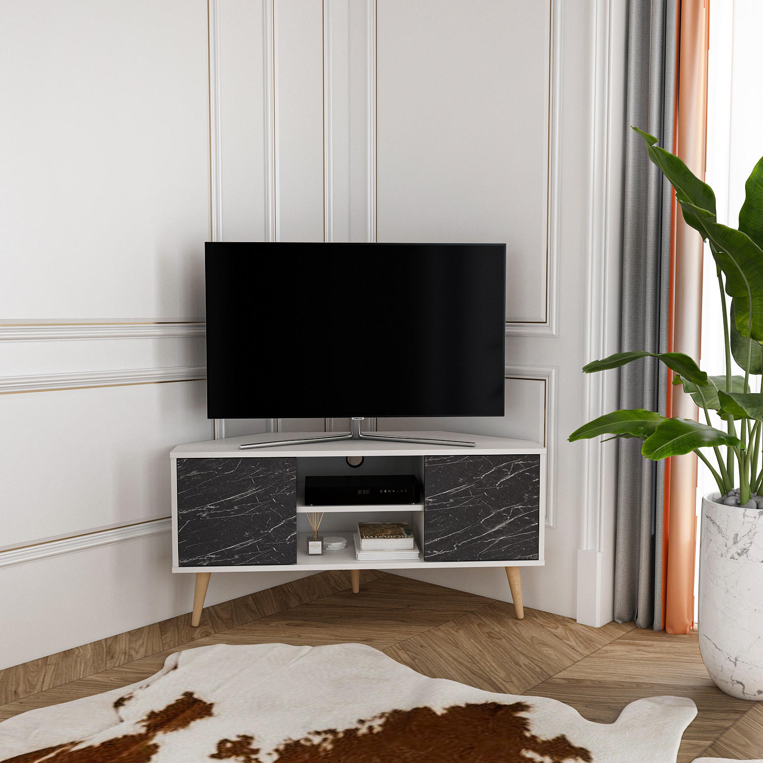Thumbnail - Decorotika Tv-Element, Weiß, Schwarz, Holzwerkstoff, Rechteckig, 120x59.8x45 cm, Wohnzimmer, Wohnwände, Lowboards, Lowbo...