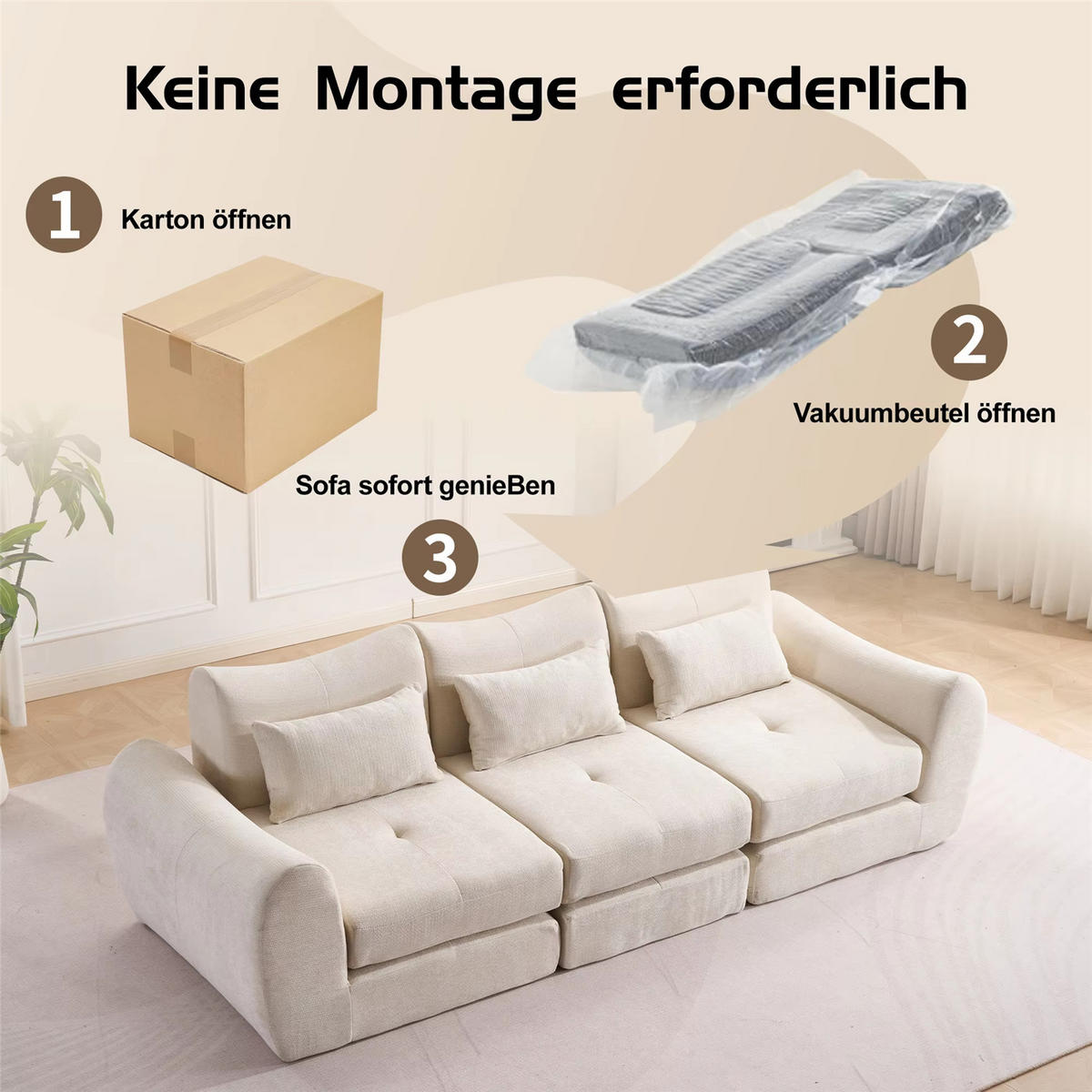 SCHLAFSOFA 3-Sitzer Chenille, Komfort Kompressionssofa ohne Aufbau, Beige - Beige, Textil (262/78/97cm) - Kaket