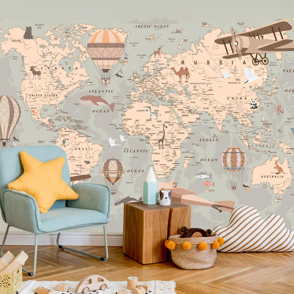 FOTOTAPETE für Kinderzimmer Retro Weltkarte Balony Flugzeuge 500x350 - Beige/Orange, Papier (500/350cm) - Muralo