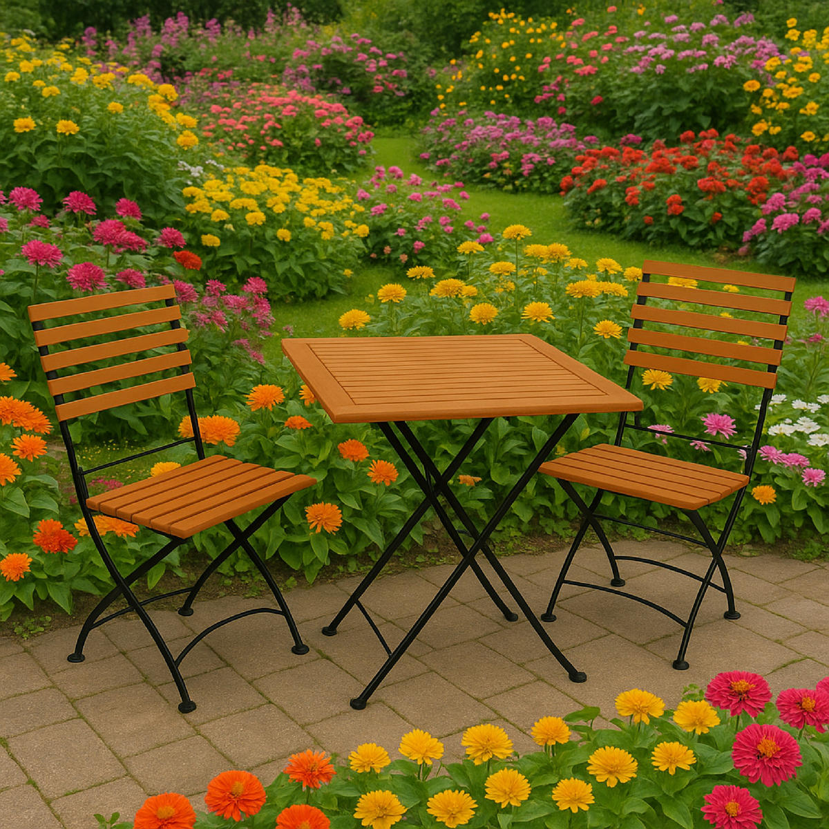 GARTENESSGRUPPE Bad Belzig - 3-teilig (2x Stuhl, 1x Tisch 75x75cm), Gestell Flachstahl schwarz, Latten Eukalyptusholz, FSC®-zertifiziert. - Schwarz, Metall - TPFGarden