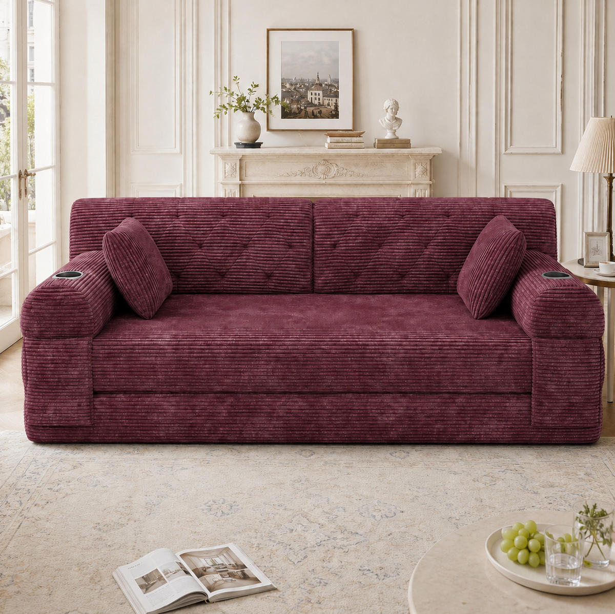 SOFA mit Schlaffunktion, hohe Rückenlehne, 168 x 80 x 81 cm, Cord, Wine Red - Rot, Kunststoff (80/81/168cm) - Meubliv