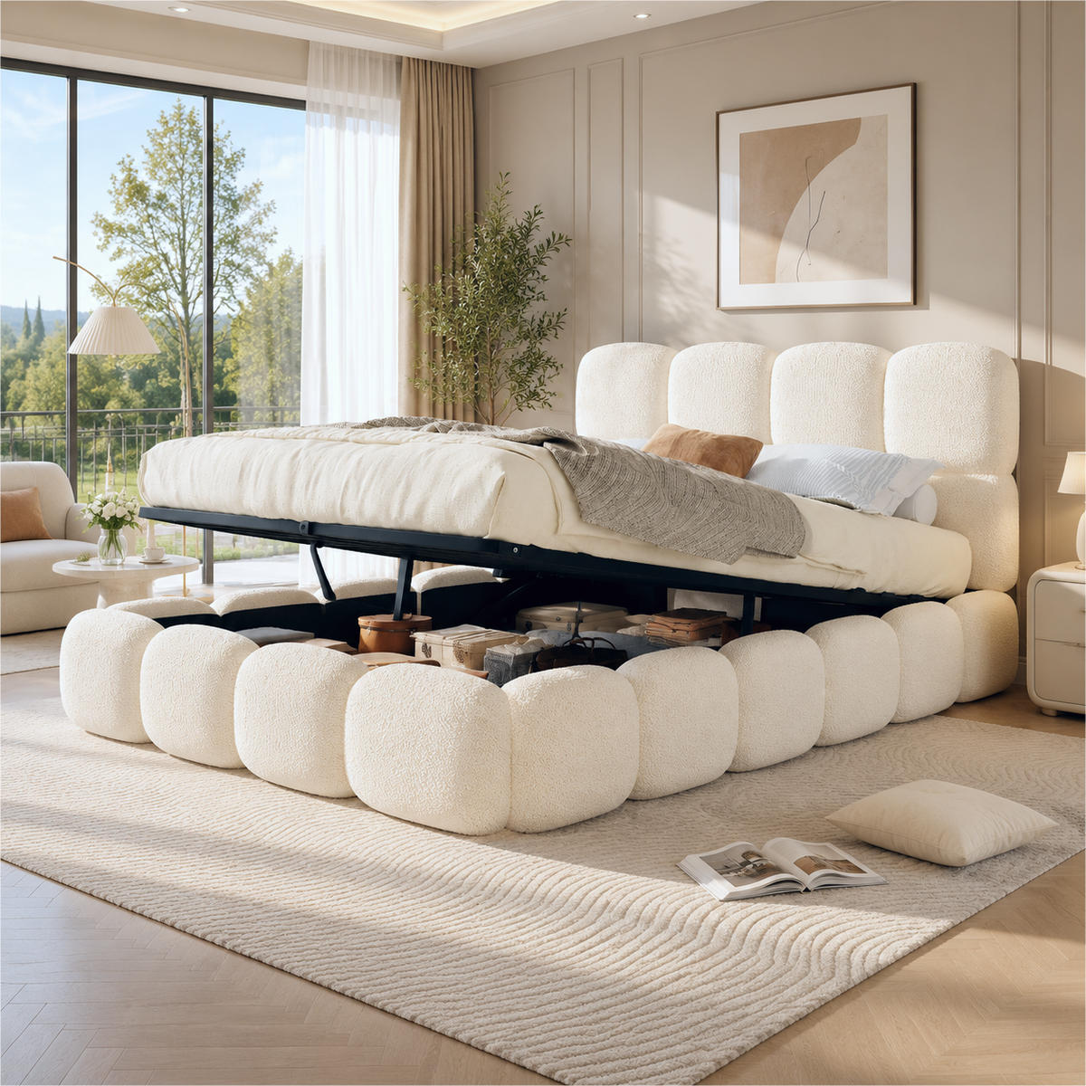 POLSTERBETT 140x200 cm Weiß Bouclé mit Stauraum - Weiß, Textil (140/200cm) - FLIEKS