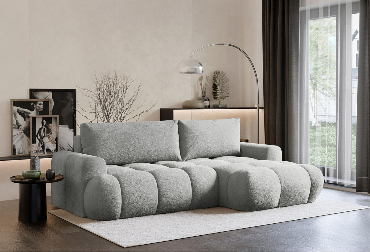 ECKSOFA Ombo Mini, Hellgrau Bouclé, rechtsseitig - Hellgrau/Schwarz, Kunststoff/Textil (256/155cm) - Selsey