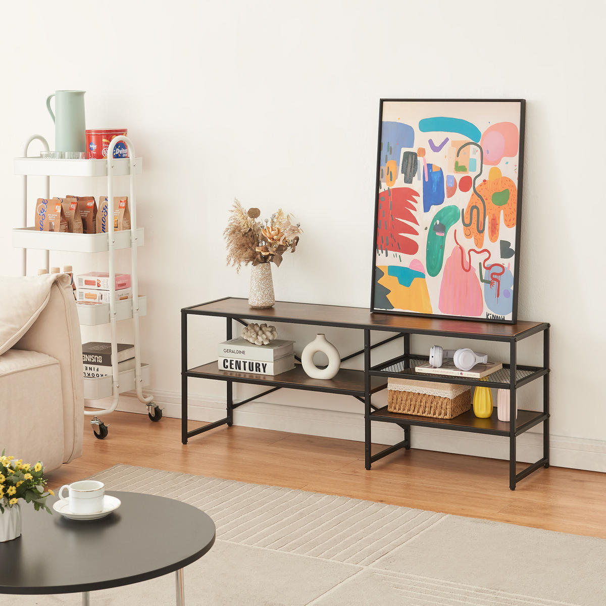 TV-ELEMENT Västiarharg - Walnussfarben/Schwarz, Holzwerkstoff/Metall (120/46/30cm) - [en.casa]