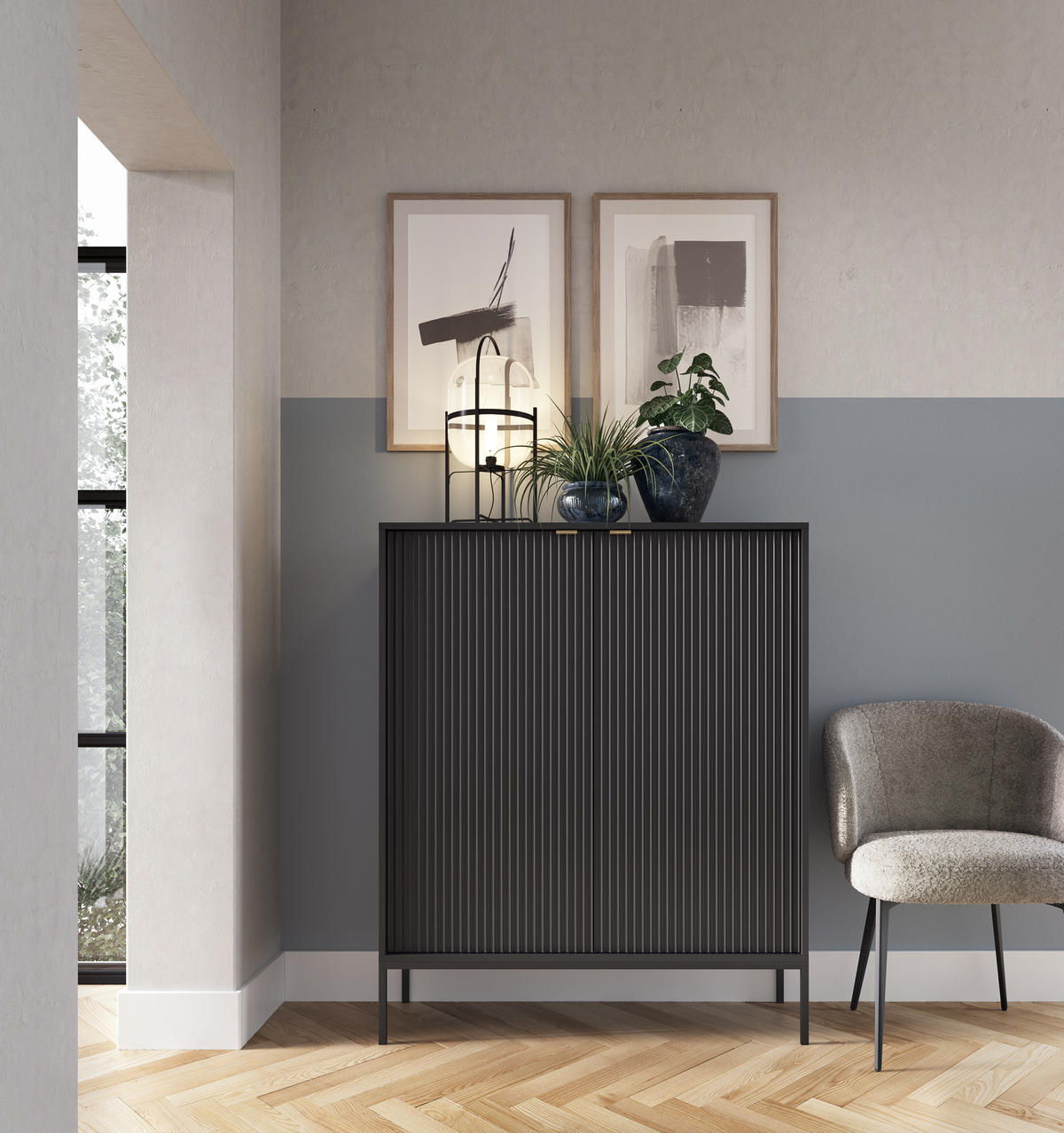 SIDEBOARD Eternas 2T Schwarz 104/125/39 cm – schwarze Füße, mit geriffelten Fronten - Schwarz, Holzwerkstoff (104/125/39cm) - AX Living