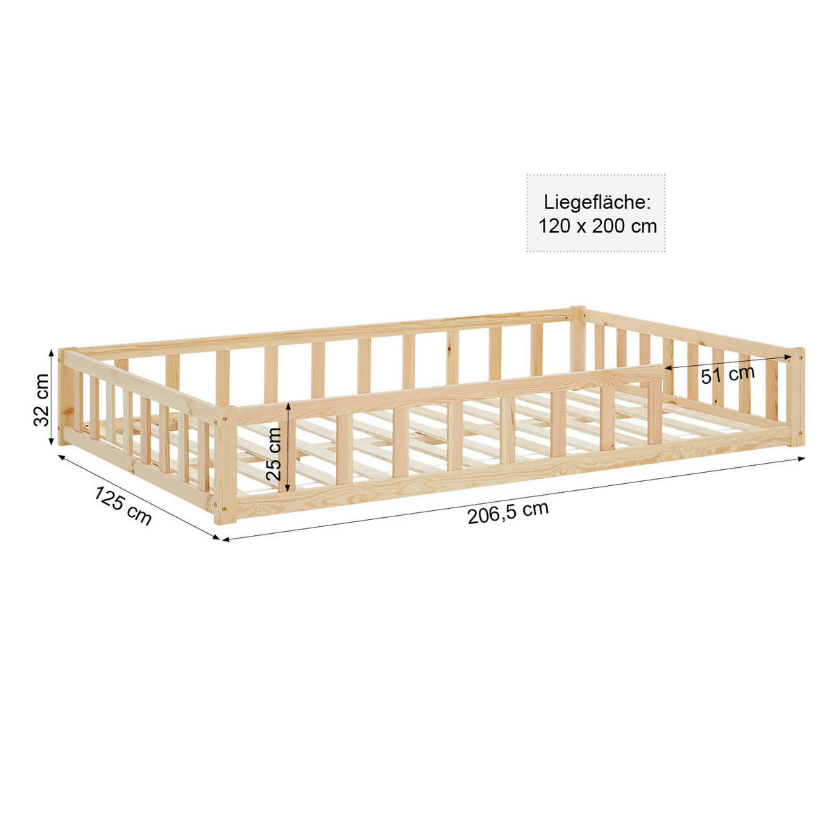 BODENBETT 120x200 cm Natur mit Lattenrost + Matratze - Naturfarben, Holz (90/200cm) - Homestyle4u