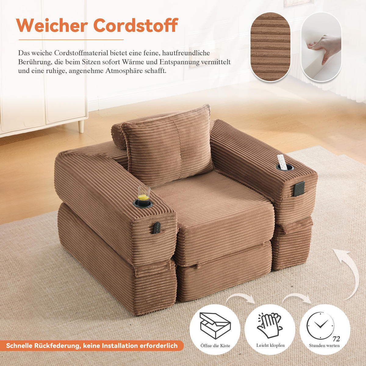 SCHLAFSOFA mit Klappfunktion, Getränkehalter und Seitentasche aus Cord - Braun, Textil (122/80/98cm) - EVRYAE
