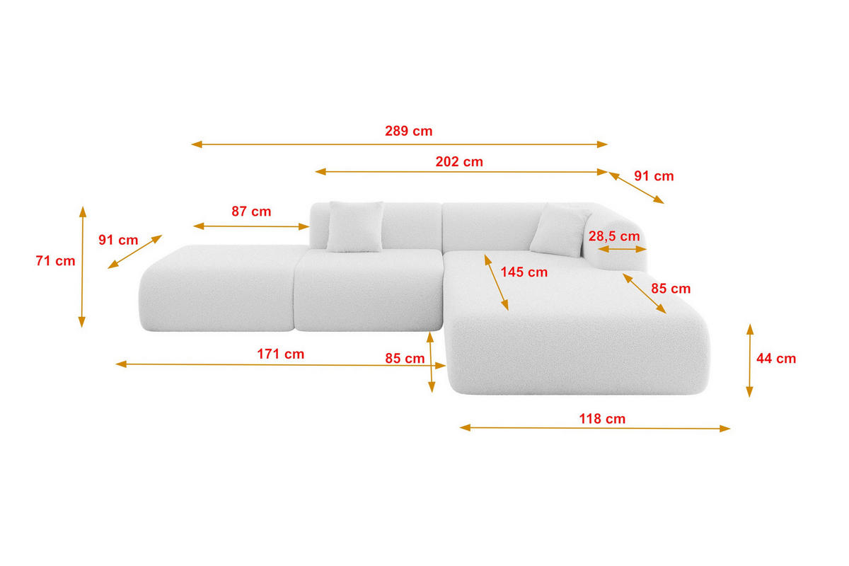 ECKSOFA Ottomane Rechts OVLY-L 289x176x71 Weiß Bouclé - Schwarz/Weiß, Holzwerkstoff/Kunststoff (289/176cm) - ALTDECOR