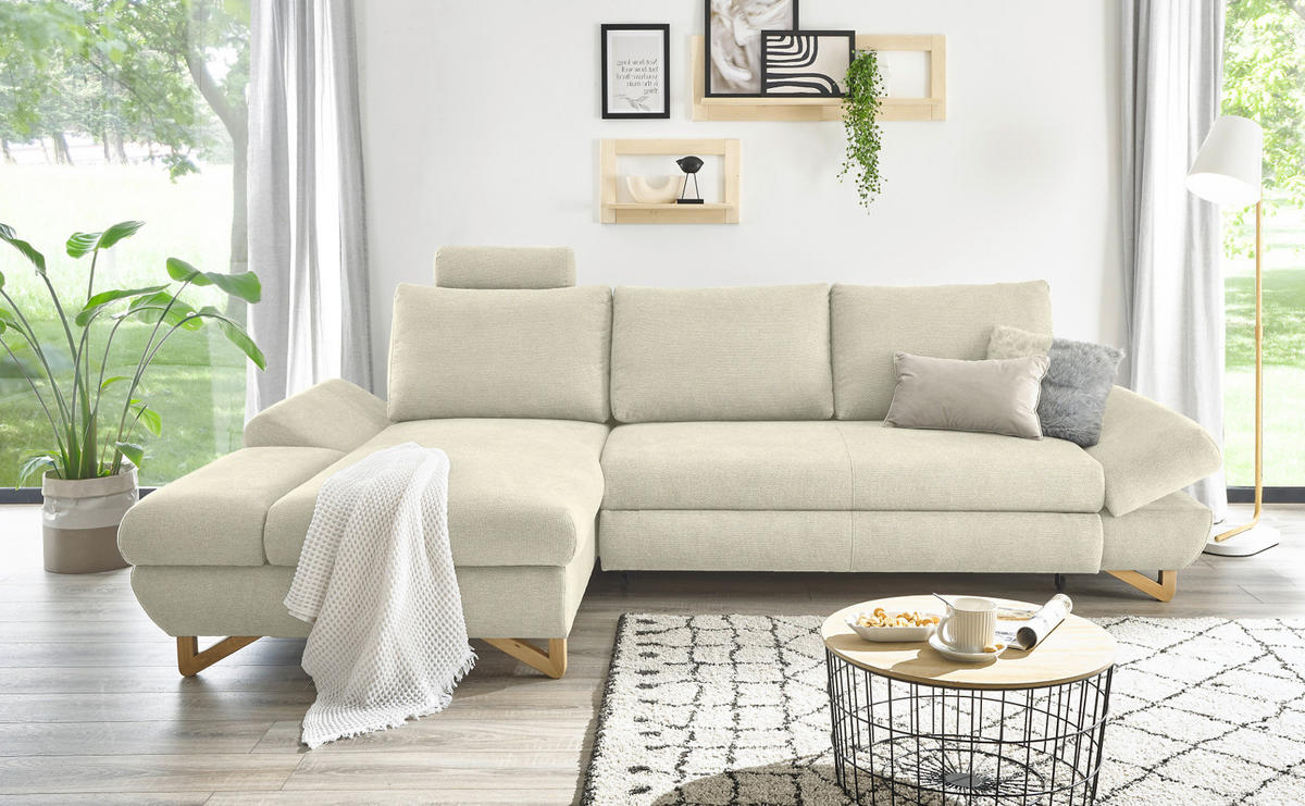 ECKSOFA beige Struktur-Stoff, Sofa mit Bettfunktion und Stauraum 284 cm - Beige, Holz/Textil (166/284cm) - Furn.Design