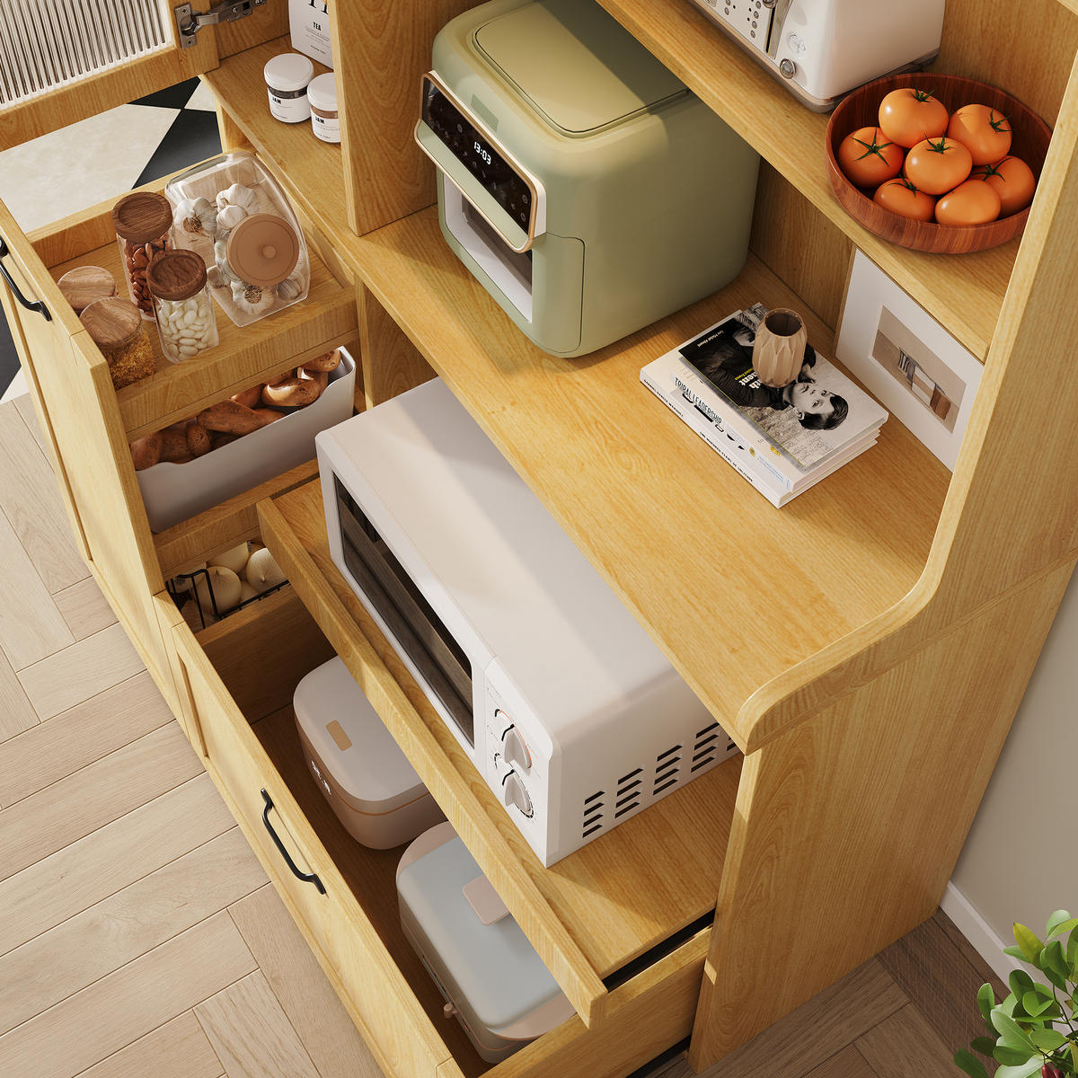 BUFFET Küchenschrank mit Riffelglas Ausziehbarer Ablage Verstellbaren Böden für Küche Esszimmer Natur 98x40x177 cm - Weiß/Naturfarben, Glas/Holzwerkstoff (98/177/40cm) - EVRYAE