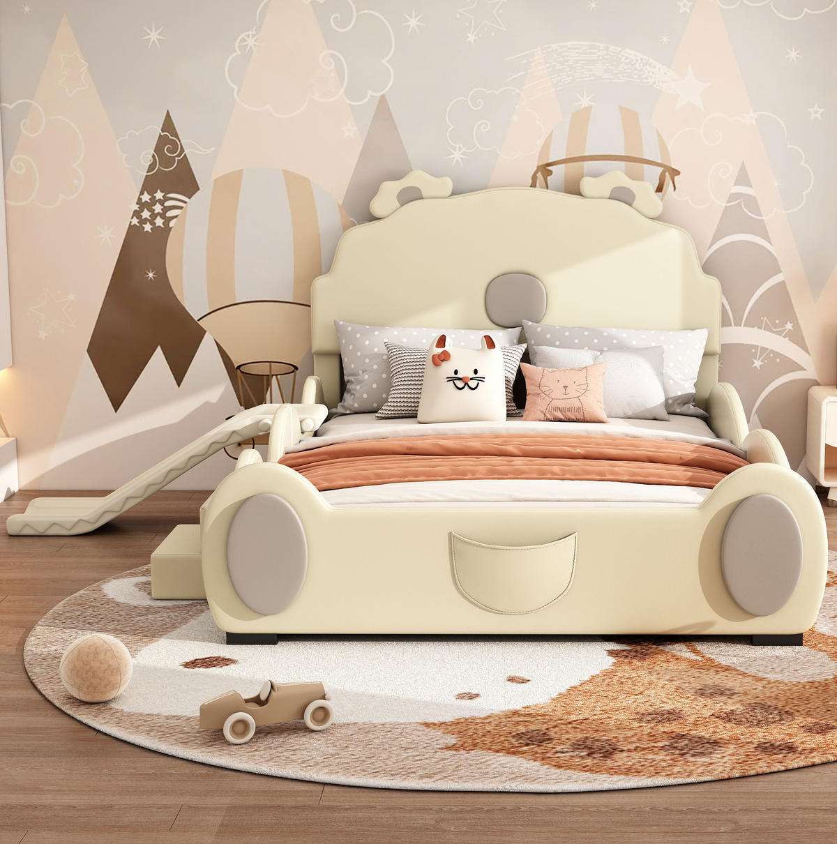 DETSKÁ posteľ 140/200 cm béžová s šmykľavkou a rebríkom z PU a MDF - béžová, plast (140/200cm) - OKWISH