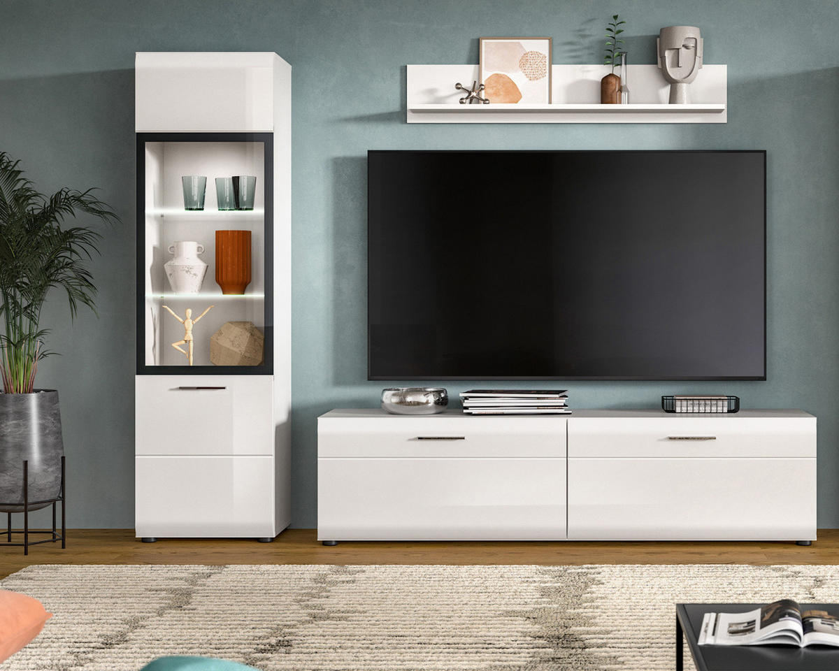 WOHNWAND weiß Hochglanz 3-teilig 220 cm, Schrankwand mit viel Stauraum - Weiß Hochglanz/Silberfarben, Glas/Holzwerkstoff (220/160/41cm) - Inn.Furn