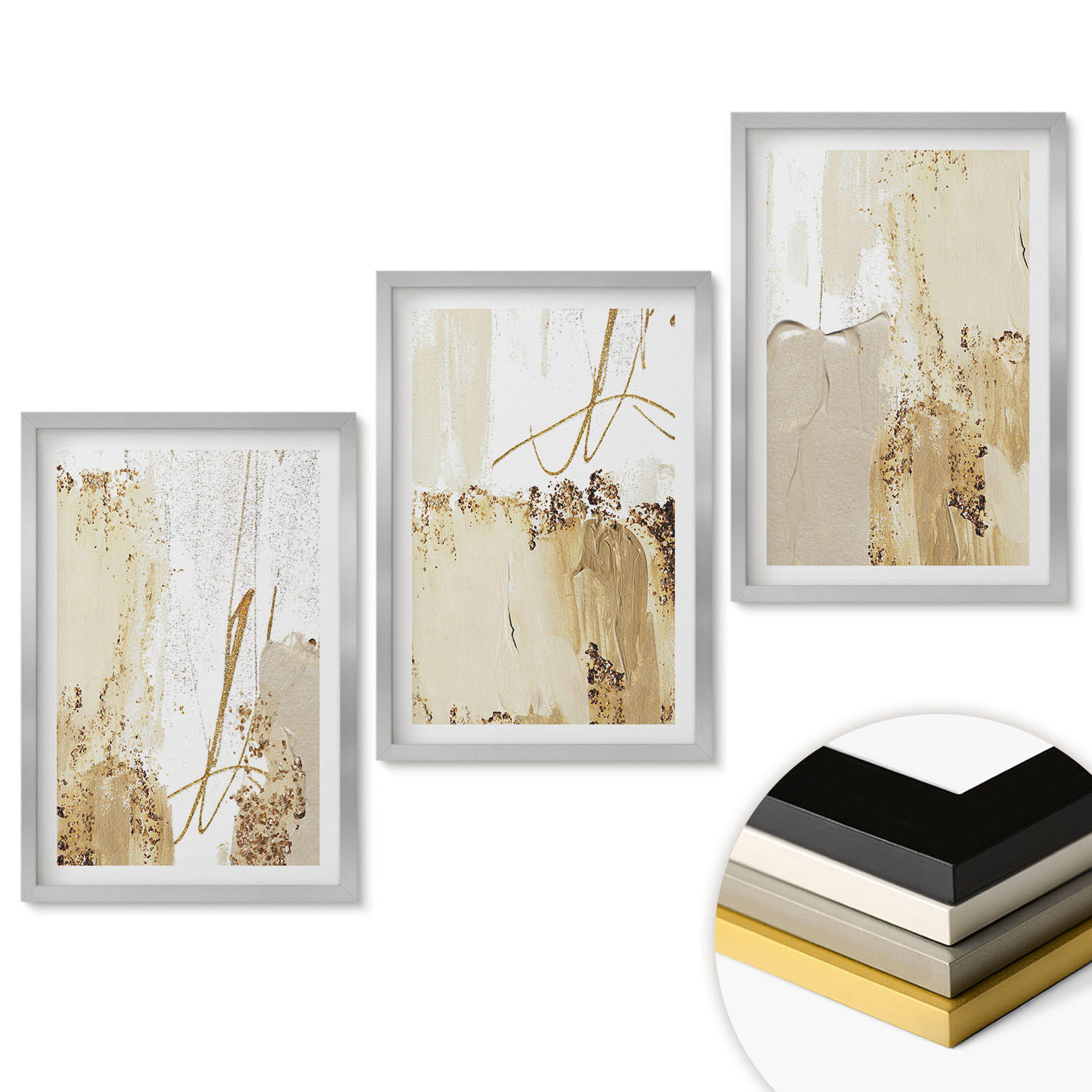 WANDBILDER 3er Set - 40x60 cm Silberner Rahmen - Abstrakte Muster beige weiß - Silberfarben, Kunststoff (40/60cm) - ArtPrintCave