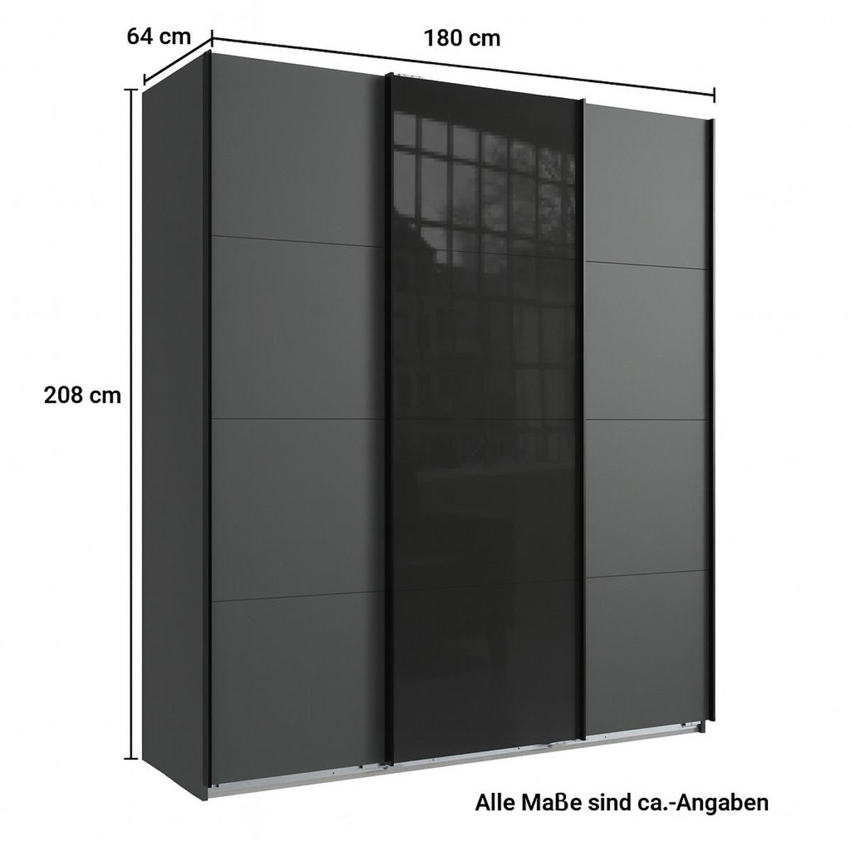SCHWEBETÜRENSCHRANK 3-türig in Grafit, eine Tür mit Glasfront Grau, B180/H208/T64 cm / 22516 - Schwarz/Graphitfarben, Holzwerkstoff/Metall (180/208/64cm) - luma-home