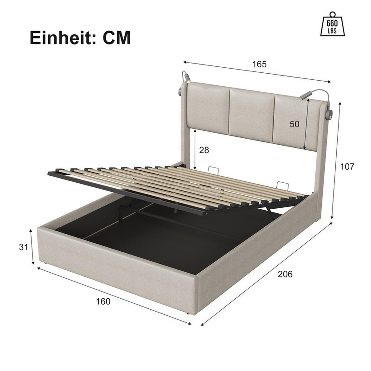 POLSTERBETT 160x200 cm mit Stauraum, Ladestation, Kopfteillampe - Beige, Holzwerkstoff/Textil (160/200cm) - WoodenAura