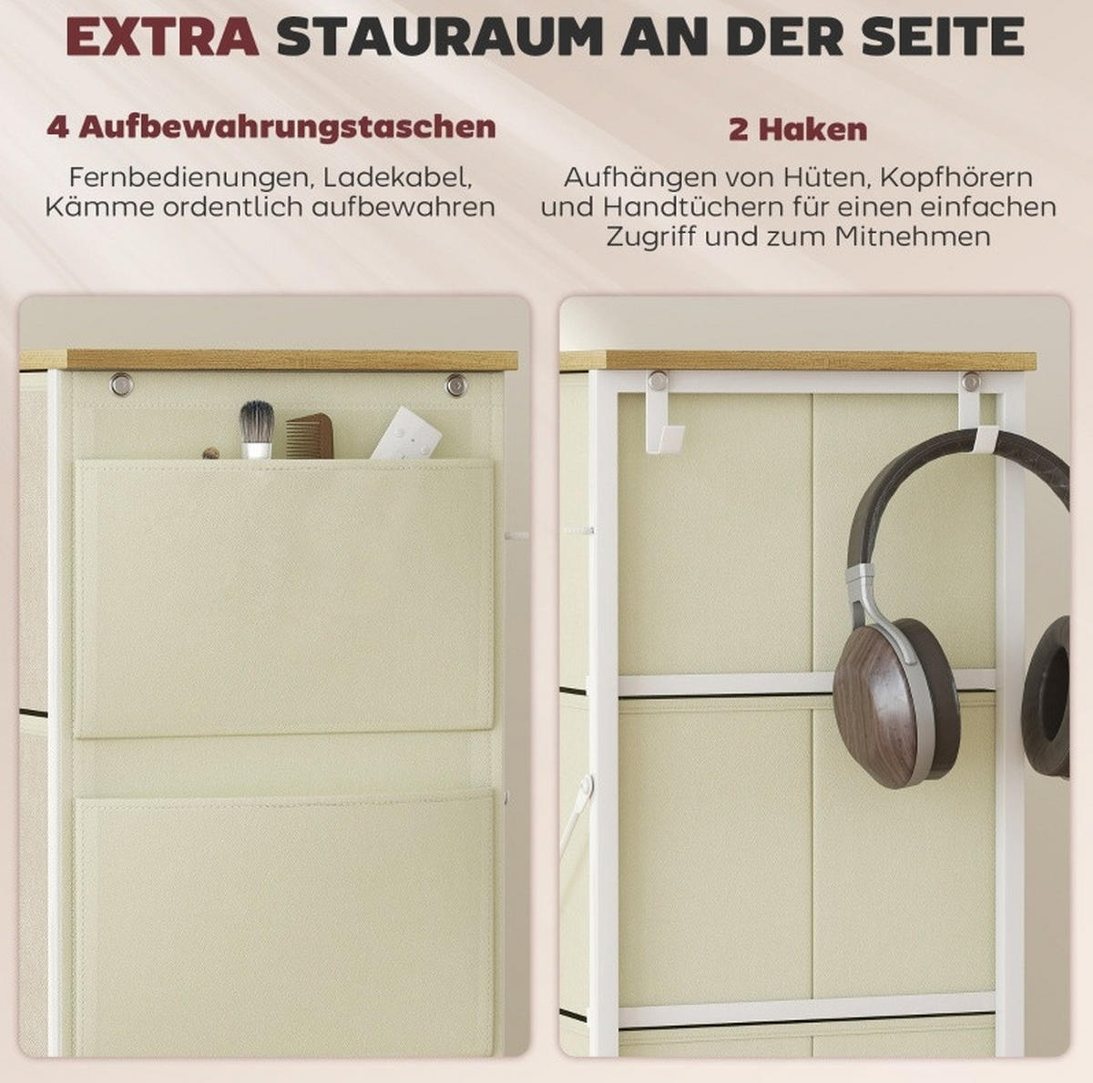 KOMODA z oceli 86x30x94,5 cm béžová s 8 textilními zásuvkami, 4 kapsami a 2 háčky - béžová, kov (86/94.5/30cm) - Modfu