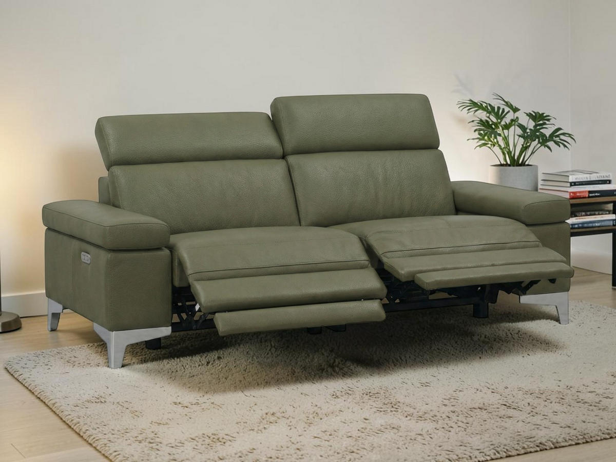 3-SITZER Sofa Talisman Echtleder mit 2 x Relaxfunktion Olivgrün - Olivgrün, Leder/Metall (216/80/100cm)
