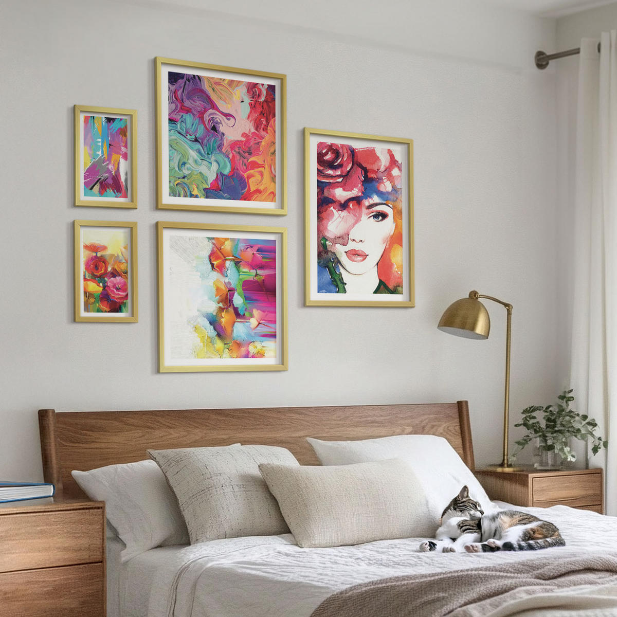 BILDER SET 5er Set - 50x50 cm & 20x30 cm & 40x60 cm Goldrahmen - Farbenfrohe Abstraktionen der Form - Goldfarben, Kunststoff (40/60cm) - TULUP