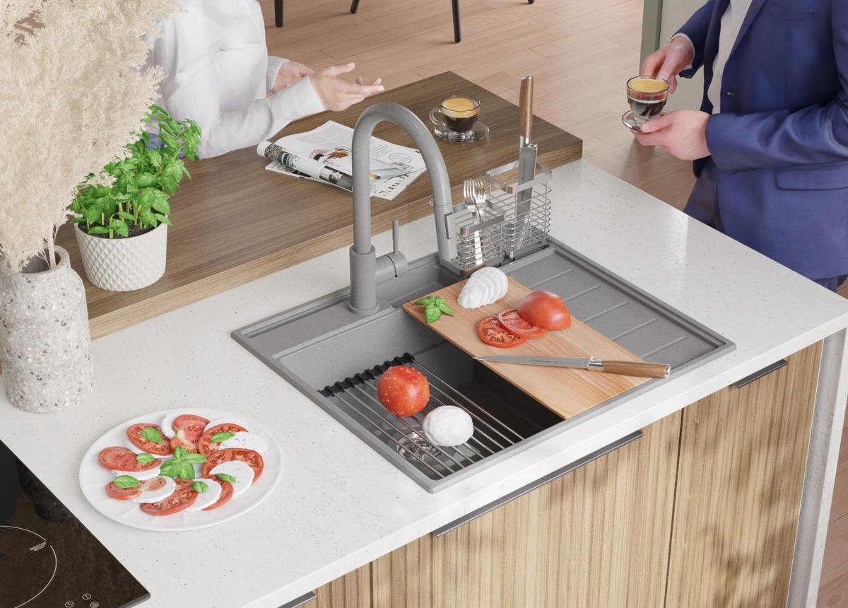 SPÜLBECKEN Sydney Pocket, 2-er set Grau 62/53 cm 1 Becken + Ablauf-Set + Küchenzubehörset ab 45er Unterschrank - Chromfarben/Beige, Kunststoff (62/20/53cm) - Primagran