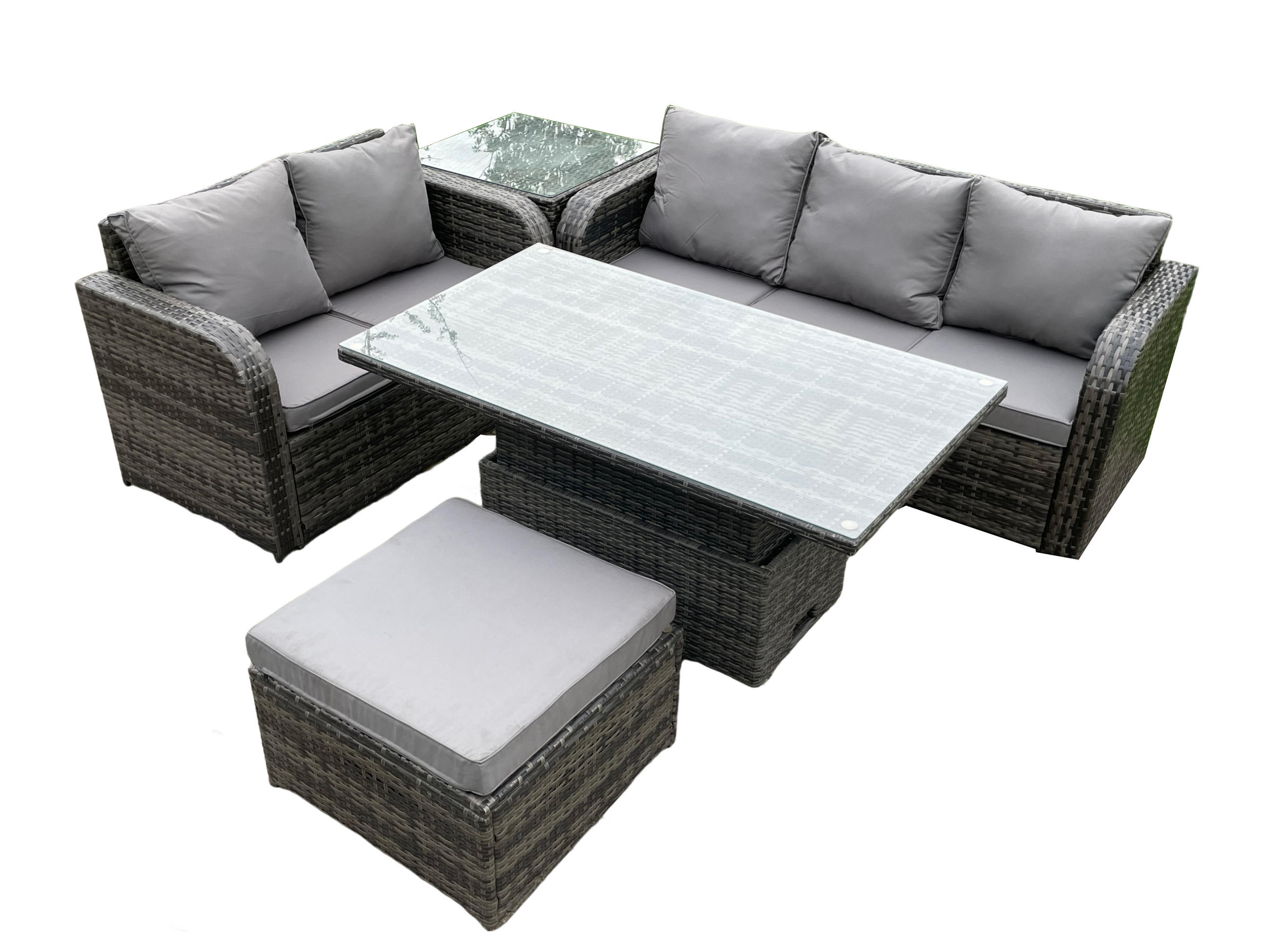 LOUNGESOFA Polyrattan 6-Sitzer - Dunkelgrau/Grau, Glas/Kunststoff - Fimous