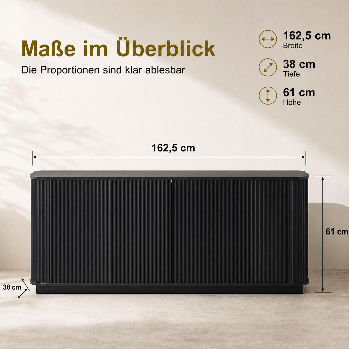 SIDEBOARD 162,5/38/61 cm aus MDF mit Wellenfront und Drucköffnung-Türen Schwarz - Schwarz, Metall (162/61/38cm) - Modenvie