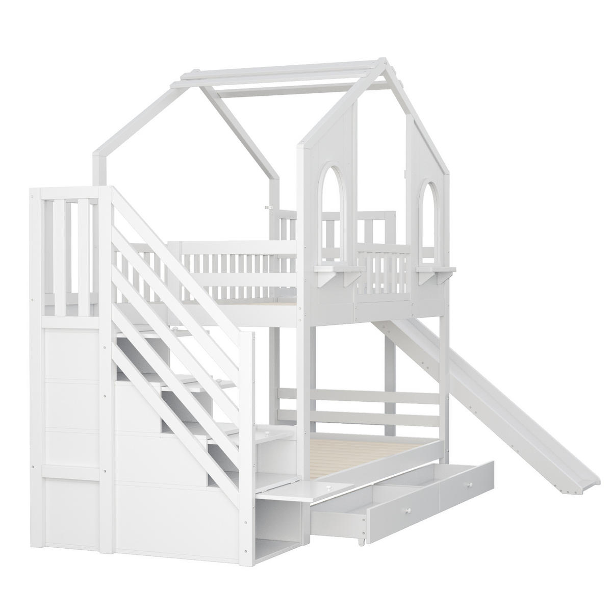 POSCHODOVÁ posteľ 90/200 cm biela s úložným rebríkom, šmykľavkou a zásuvkami z dreva - biela, kompozitné drevo (90/200cm) - OKWISH