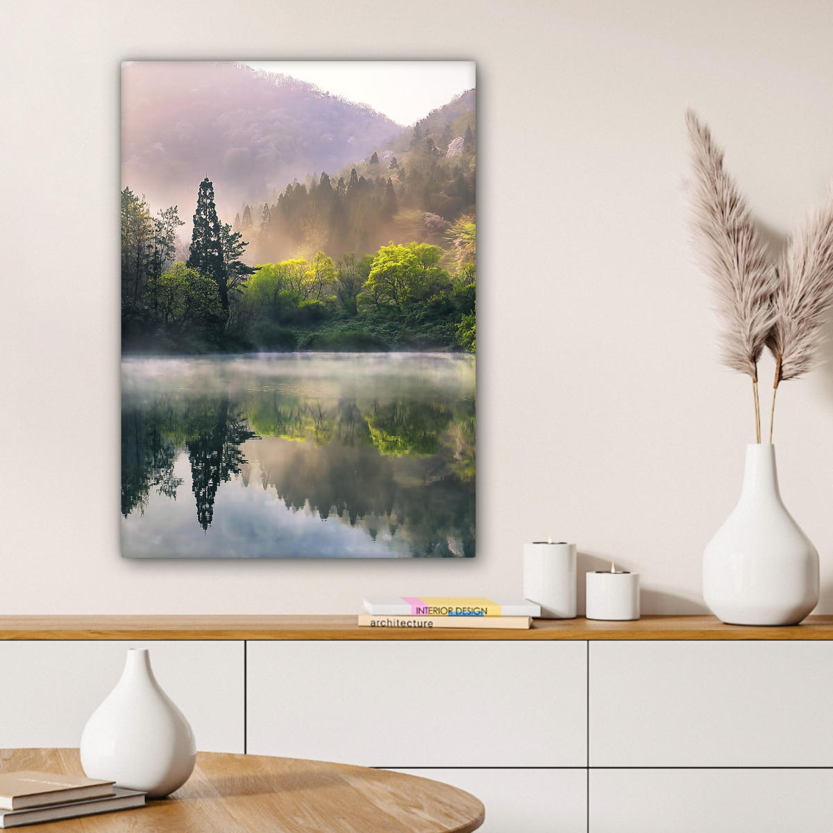 LEINWANDBILD Natur - Bäume - Berge - See - Wasser 60x80 cm - Hellgrün, Textil (60/80cm) - MuchoWow