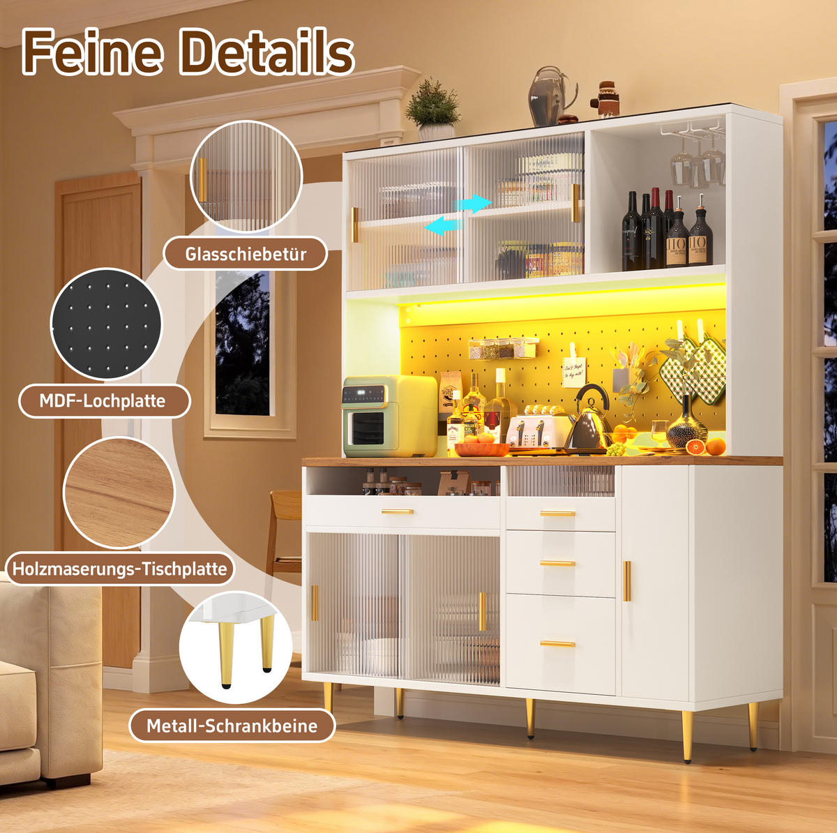 BUFFET 145/39/171 cm aus MDF und Glas mit App-steuerbarer LED-Beleuchtung Weiß - Weiß, Holzwerkstoff (145/171/24cm) - Modenvie
