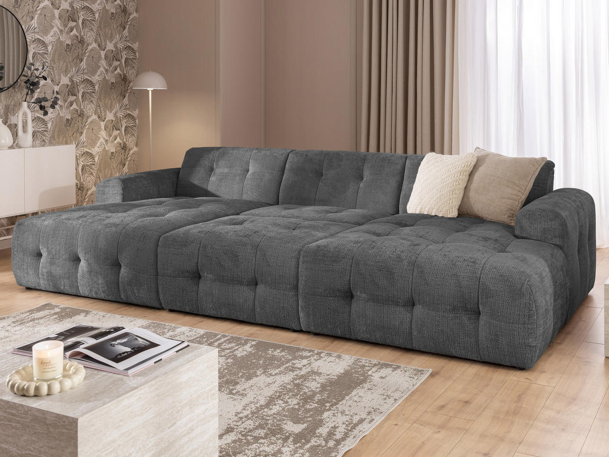 WOHNLANDSCHAFT inkl. Hocker Kozy im Bumpy-Design mit Schlaffunktion und fester Rückenlehne aus weichem Grau Chenille-Stoff - Schwarz/Grau, Holz/Kunststoff (323/79/161cm) - S-Style Möbel