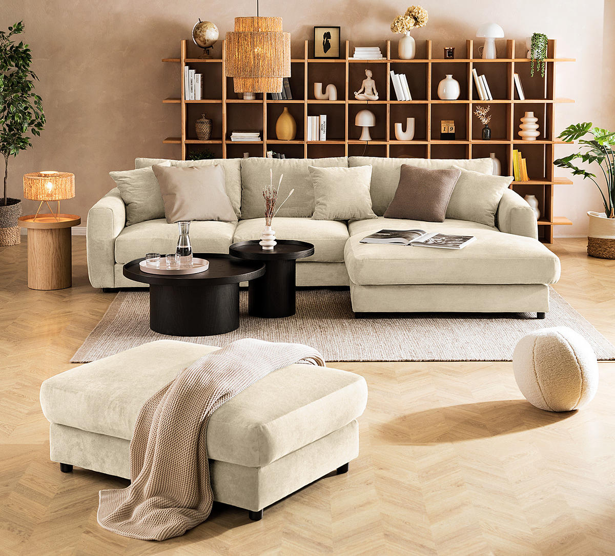 ECKSOFA mit Longchair - Beige/Schwarz, Holz/Kunststoff (286/183cm) - home24
