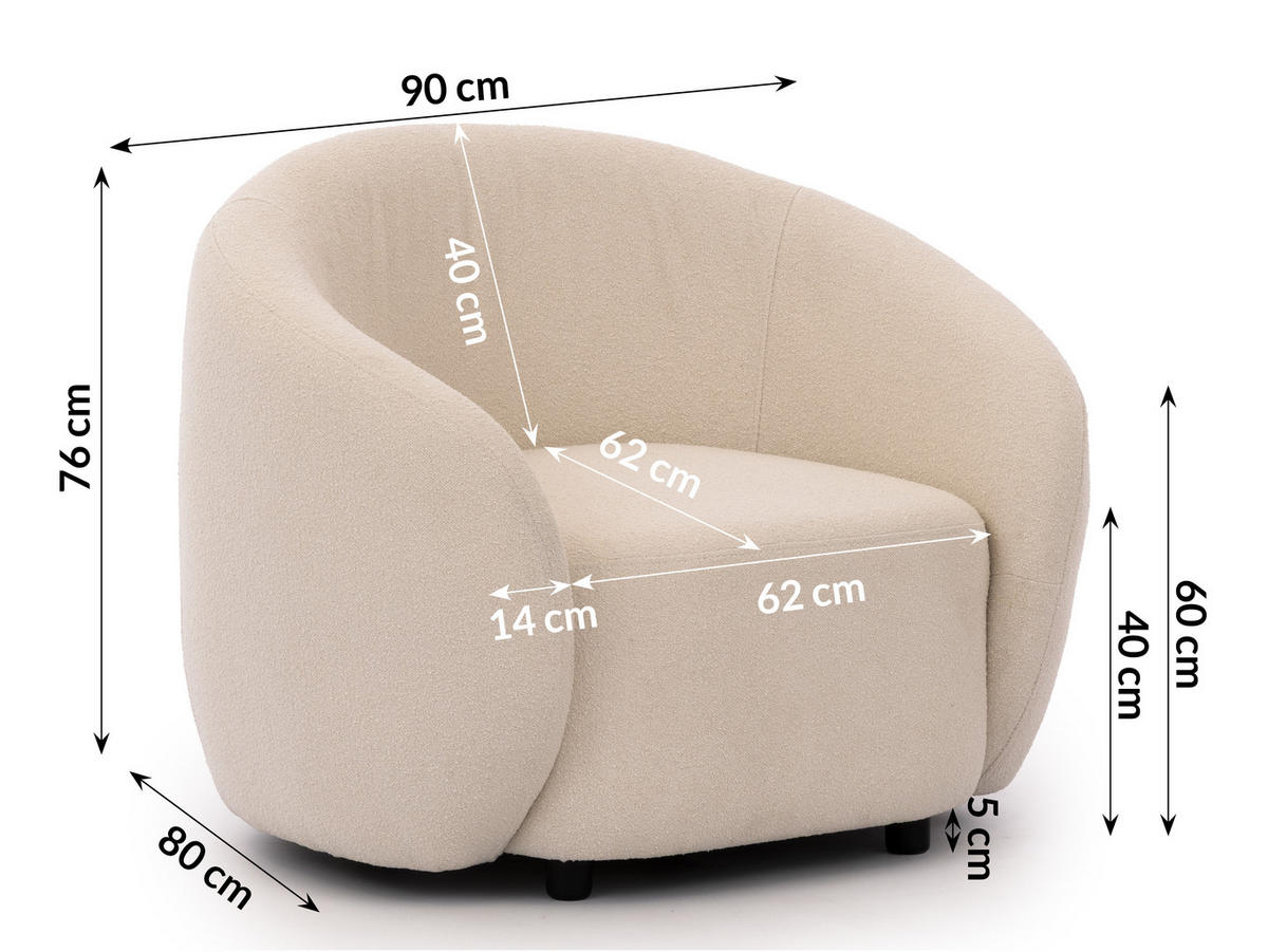 SITZGARNITUR 2+1 Roundi Cremeweiß Bouclé - Creme/Schwarz, Holz/Kunststoff (150/76/80cm) - S-Style Möbel