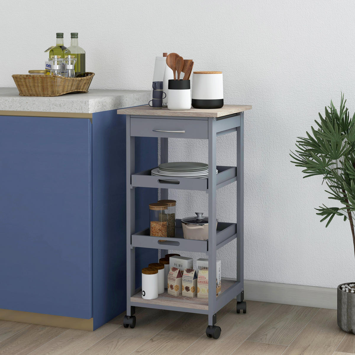 SERVIERWAGEN DE-17079 Hell-Eiche & Grau - Grau, Holzwerkstoff (37/76/37cm) - ComfortXL