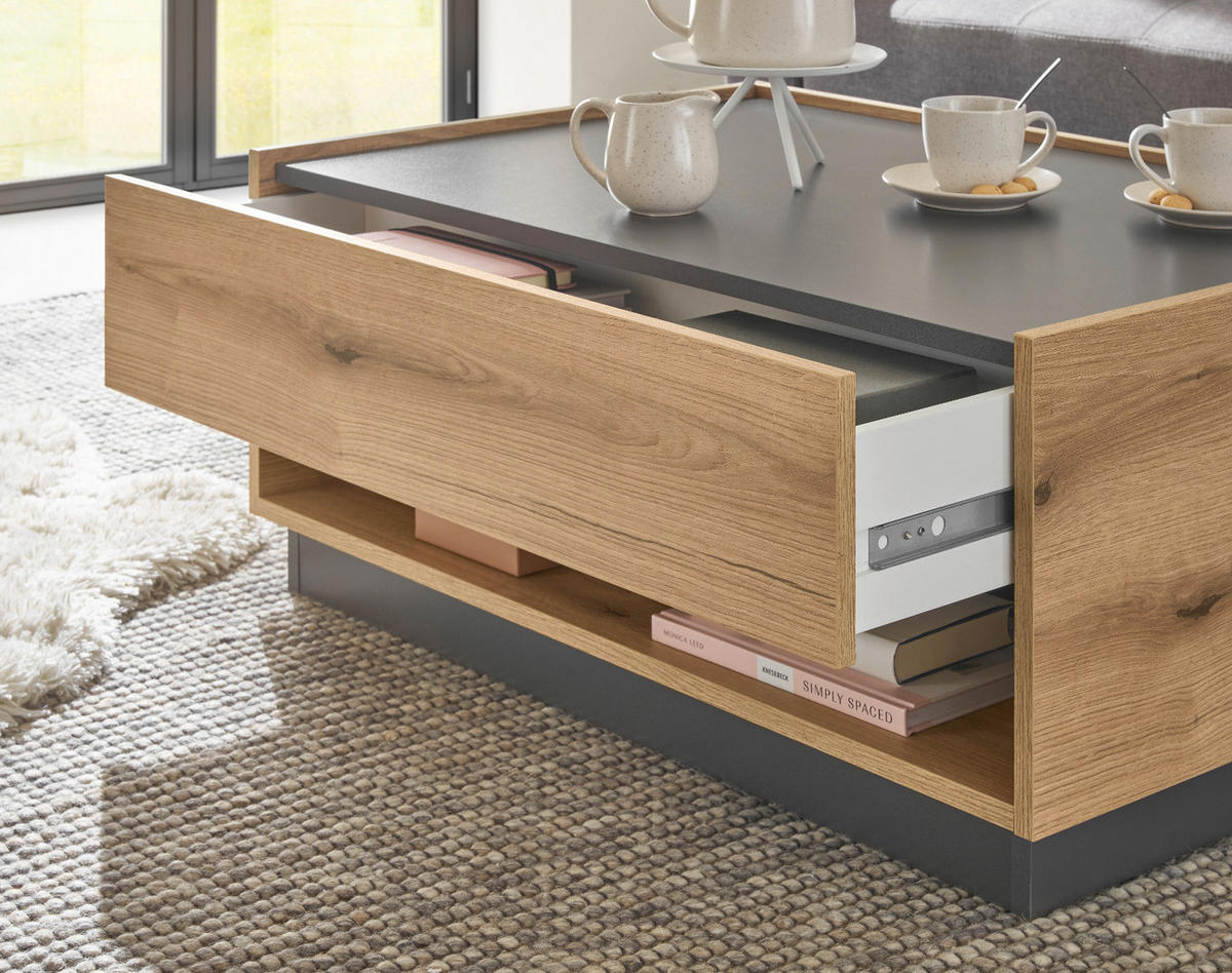 COUCHTISCH Eiche Evoke, grau 90 x 60 cm, Wohnzimmertisch mit Stauraum - Schwarz/Naturfarben, Holz/Holzwerkstoff (90/90/1cm) - Furn.Design