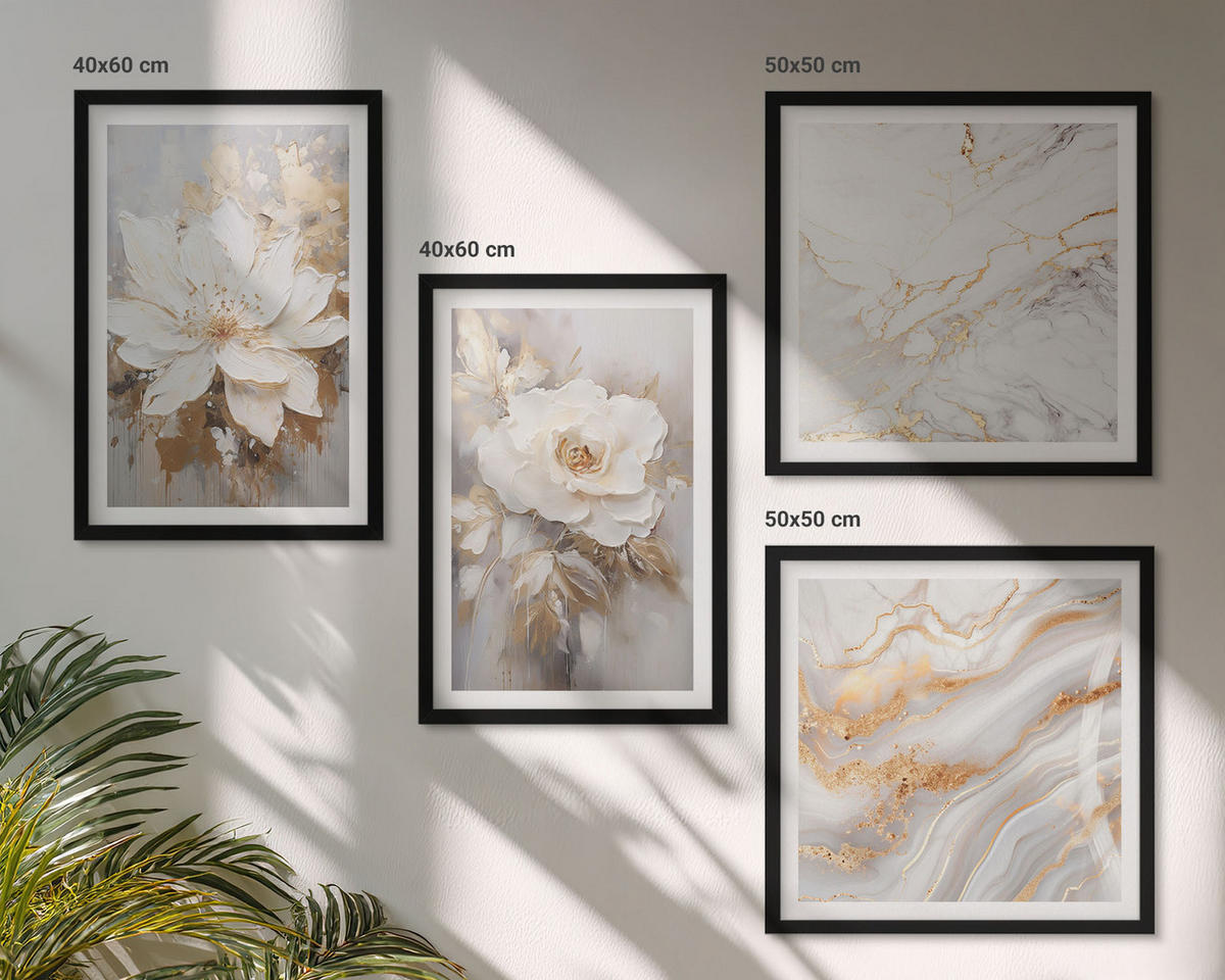 WANDBILDER 4er-Set - 50x50 cm & 40x60 cm Schwarzer Rahmen - Blumen, heller Hintergrund, Marmormuster - Schwarz, Kunststoff (50/50cm) - ArtPrintCave