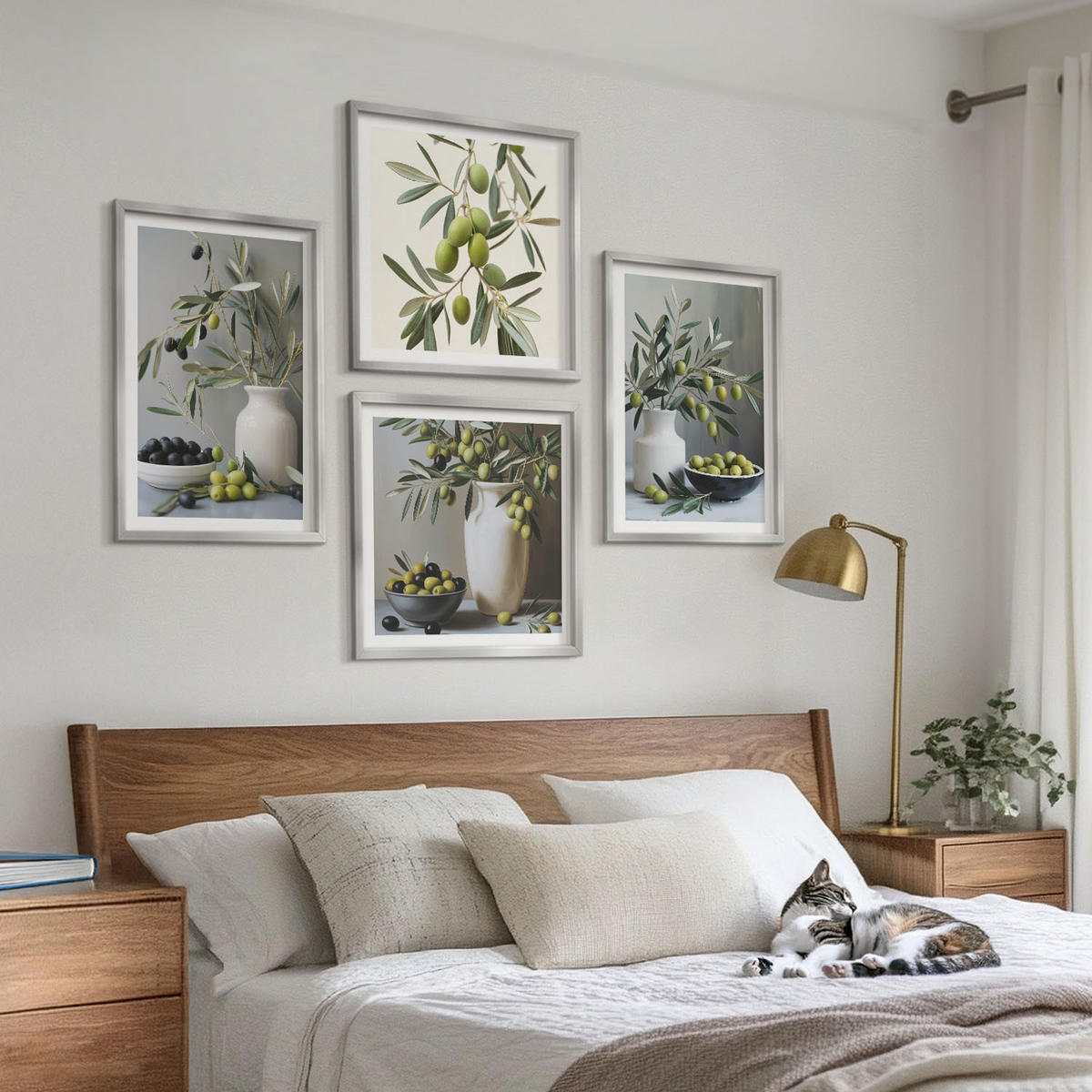 WANDBILDER 4er Set - 50x50 cm & 40x60 cm Silberner Rahmen - Oliven in grauen Vasen - Silberfarben, Kunststoff (50/50cm) - ArtPrintCave