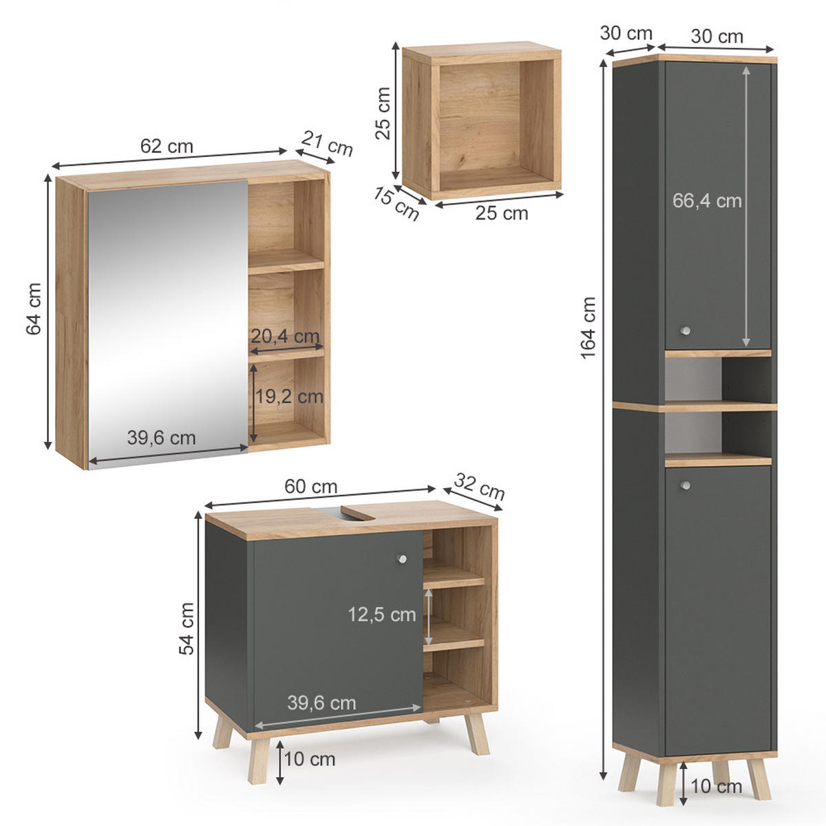 BADMÖBEL-SET Senyo Anthrazit 4 Teile, mit Hochschrank - Honigeiche/Anthrazit, Holzwerkstoff (62/54/32cm) - Vicco